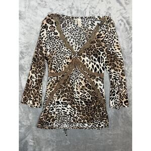 Ambrielle Leopard Lace Trim V-Neck Blouse Animal Print Top Medium Y2K Cheetah